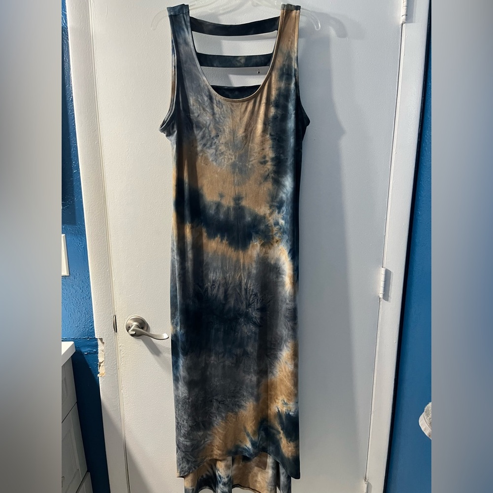 Nina Leonard Navy and Brown Tie-Dye Maxi Dress